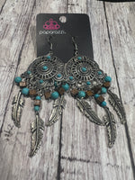 Paparazzi Blue Brown Silver Feather Earrings  #3976