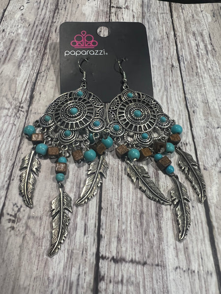 Paparazzi Blue Brown Silver Feather Earrings  #3976