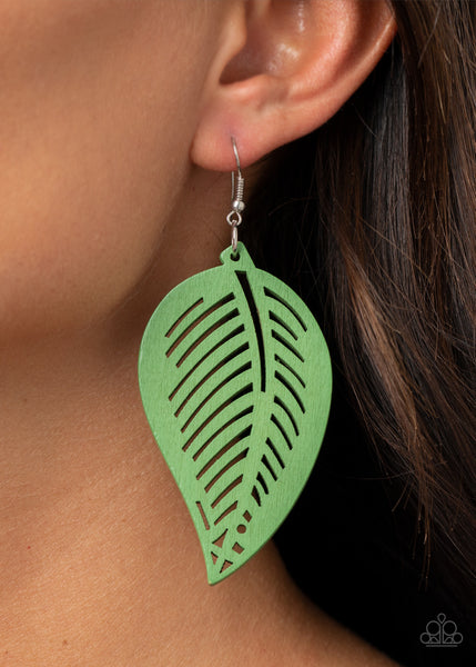 Tropical Foliage - Green - Paparazzi Wood Leaf Earrings