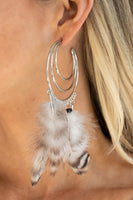 Freely Free Bird - Brown - Paparazzi Silver Hoop Feather Earrings