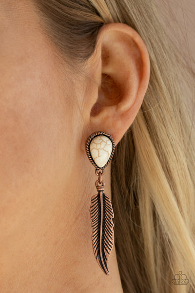 Totally Tran-QUILL - Copper - Paparazzi Post Feather Earrings