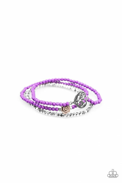 Paparazzi - Lovers Loot - Purple Stretchy Flower Heart Bracelet