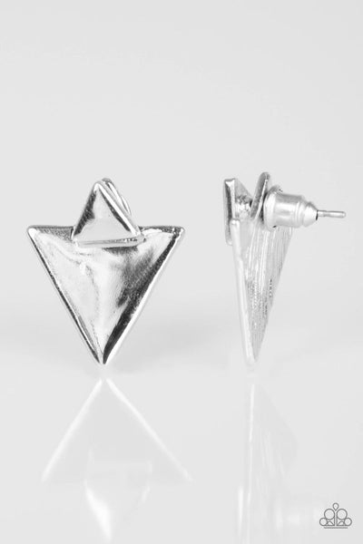 Get Into The SPEAR-it - Silver - Paparazzi Double Post Jacket Earring #4265