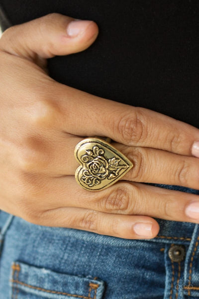 Beloved Bloom - Brass - Paparazzi Flower Heart Ring