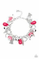 Paparazzi - Completely Innocent - Pink Heart Feather Tassels Charms Clasp Bracelet #467 (D)