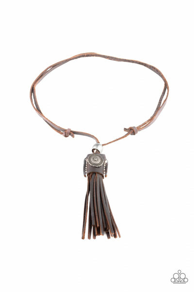 Old Town Road - Brown - Paparazzi Urban Tassel Leather Necklace